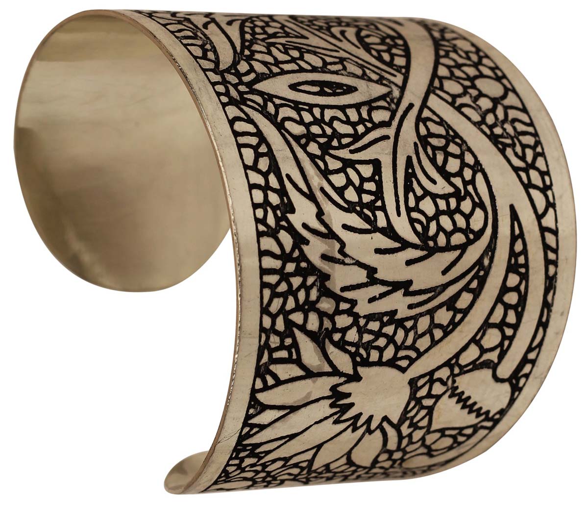 Wholesale Bracelets from India – Antique-Look Cuff Bracelet – Cast in Brass – Nickel Plated & Black Shading – Abstract Motifs – Bracelets in Bulk